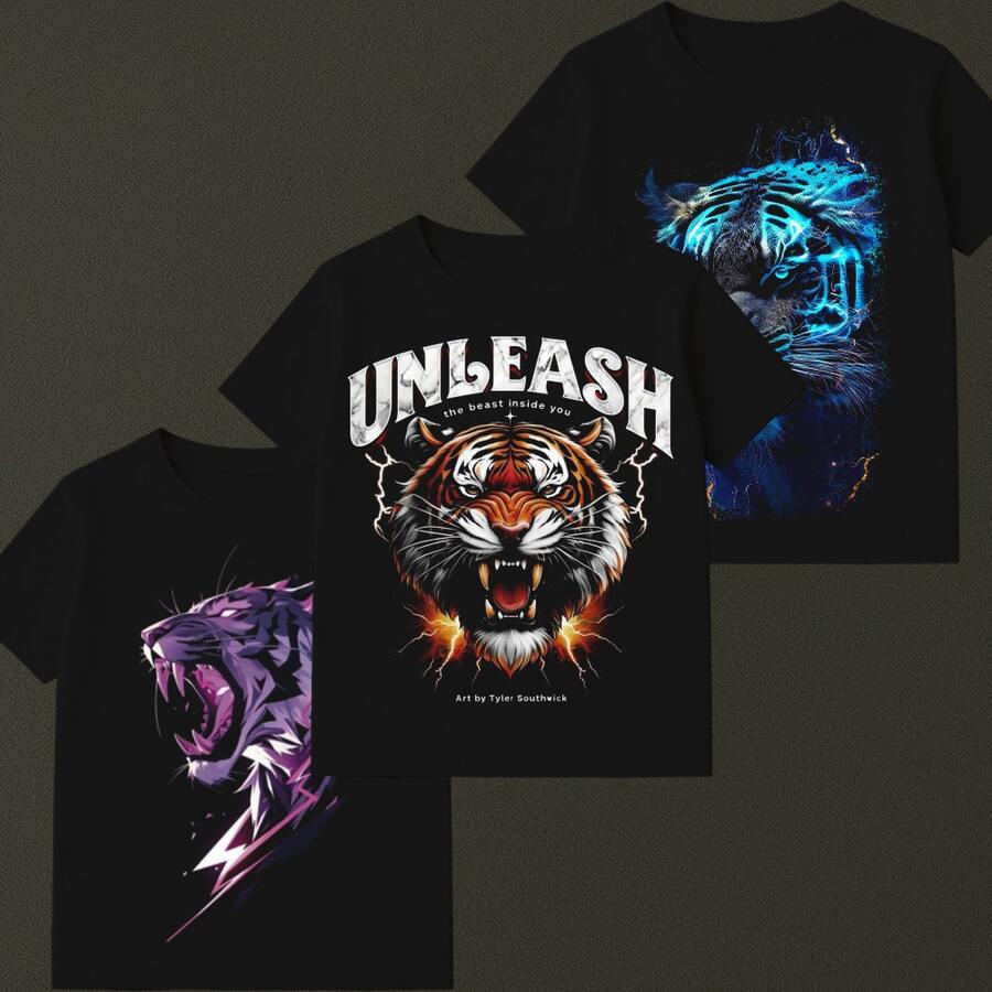 Kit Of 3 Tiger Lightning Bolt T-Shirts, 100% Cotton, Premium Printed, Men's T-Shirt, Sizes 2 To GG (Extra Large). - màu đen - Xem 1