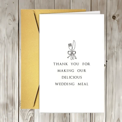 1 张精美婚礼感谢卡 - 餐饮服务人员感谢卡，黑白设计，文字“感谢您为我们准备了美味的婚宴”，适用于婚礼和特殊场合，餐饮感谢卡 | 装饰字体纸卡