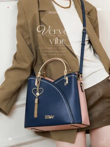 Elegant Two-Tone Color Block Shoulder Bag, Large Capacity Top Handle Satchel With Exquisite Heart Shape Metal Tassel Pendant, Women's Versatile Crossbody Bag For Daily Commute & Weekend Getaways, Ideal Valentines & Mother's Day Gift For Fashion-Loving Her Valentine's Day Wedding Valentines Valentines Gifts Mothers Day Gift Summer Art Birthday Decorations Galentines Galentines Gifts Cruise Essentials Bachelorette Party Supplies Easterr Metallic Gold Faux Leather Tote Fall - 彩色 - 查看 4