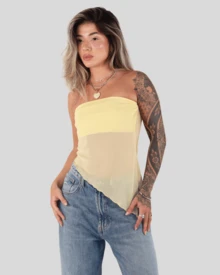 Women's Basic Translucent Tropical Floral Cropped Tube Top With Transparent Tulle, Strapless, Summer Style, Lining, Aitona - Màu vàng vani - Xem 1