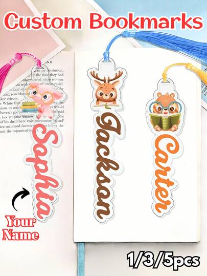 1/3/5pcs Personalized Acrylic Bookmarks With Tassels, Customizable Names, Cartoon Animal Options, Animal Bookmarks, Personalized Text, Perfect For Girlfriends, Boyfriends, Bookworms' Birthdays, Christmas, Valentine's Day Gifts