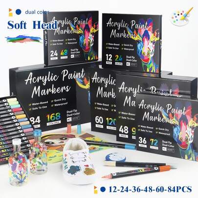 2-Tip Dual Color Acrylic Marker Pen Set, 12/24/36/48/60/84 Pcs (Corresponding To 24/48/72/96/120/168 Colors), Dual Brush Tips (0.5-5mm/1-5mm), Water-Based Quick-Drying Waterproof, High Coverage For Multiple Materials (Stone/Wood/Glass/Ceramic/Shoes), Professional For Art Painting/DIY Crafts/Graffiti