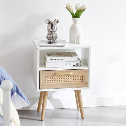 Rattan Side Table With Drawers And Solid Wood Legs, Modern Style, Can Be Used As A Bedside Table, Living Room Side Table, Bedroom Side Table, White - H 55 / W 40 / D 30 Cm