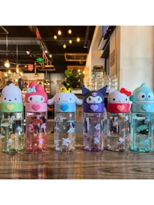Sanrio 1 pieza Botella de agua de 500ml/16.9oz con tapa con pajita, diseño lindo, a prueba de fugas, adecuado para estudiantes - Multicolor - Ver 10