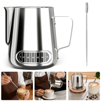 Lislark Milk Frothing Jug - 600ml/20fl.Oz. 304 Stainless Steel Coffee Milk Jug With Thermometer, Special Dripless Spout And Scale Mark, Metal Barista Milk Pitcher For Making Cappuccino Latte And Espresso