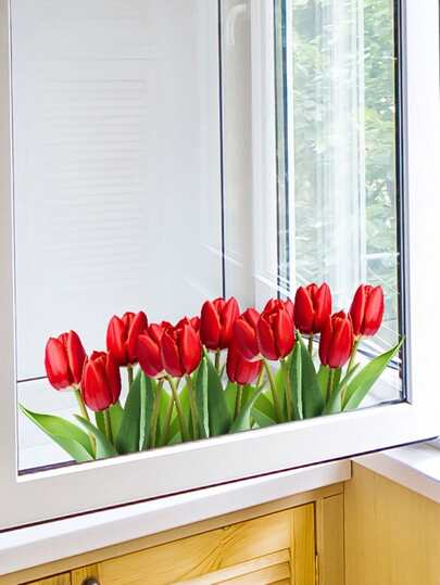 1pc/2pcs Vivid Red Tulip Window Sticker - Beautiful Floral Garden Decal For Home And Living Room Decor, Easy-Apply PVC Art Design, Spring/Summer Style, Vibrant Home Decoration, Spring/Summer Decor Self-Adhesive Floral Sticker, Window Decal
