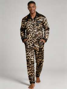 Snug League Men's Long Sleeve Top & Long Pants Pajama Set, Satin Button Robe & Leopard Print Loungewear 2-Piece, Winter Clothes - Yellow - View 4