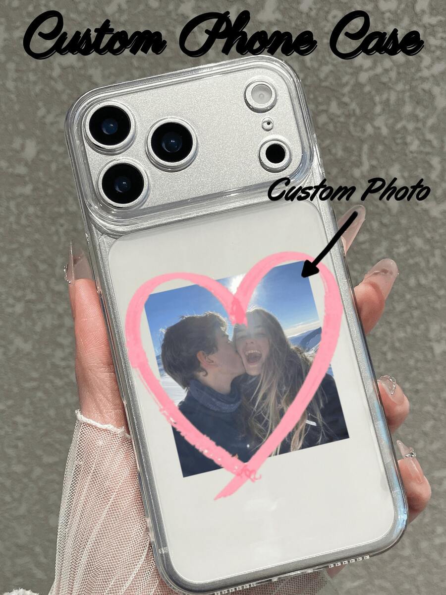 Custom Phone Case Anniversary Romantic Gift! Ins-Style Heart Single Photo Design Minimalist Clean Transparent Protective Case Compatible With Apple 17/17 Pro/17 Pro Max/17 Air, All Series, Apple Phone Case, Apple 16 Phone Case, Gift For Friends, Valentine's Day Gift - Clear - View 1