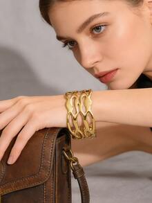 VceTd 1 pieza Brazalete de acero inoxidable con diseño hueco y exagerado, con estilo de metal líquido, adecuado para que las mujeres lo usen en la playa, vacaciones o tiempo libre - Amarillo Oro - Ver 4