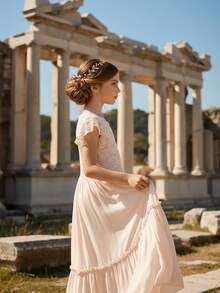 Tween Girls' Solid Color Patchwork Lace Cap Sleeve Swing Dress - 米色 - 查看 9