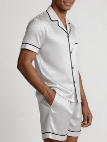 Snug League 2pcs/Set Men's Polka Dot Casual Sleepwear, Short Sleeve Top & Shorts, White Silk Pajama Set, Summer & Spring - White - View 5