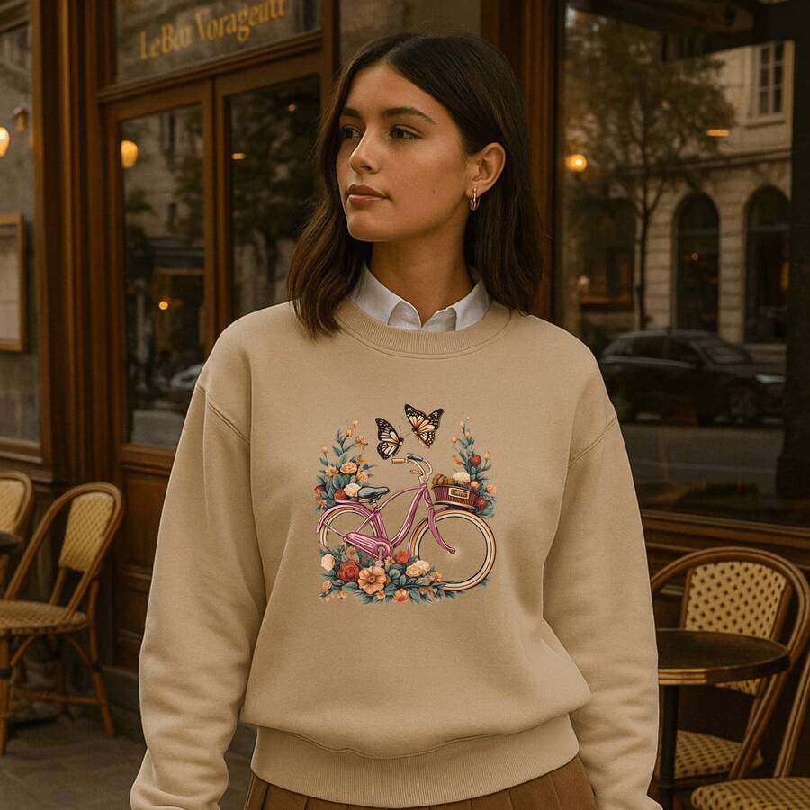 Moletom Feminino Blusa de Frio Gola Careca Bicicleta e Flores Delicados Agasalho Streetwear Premium Sem Capuz Casaco Casual Paty Moda Feminina Fofo - Creme - Visão 1