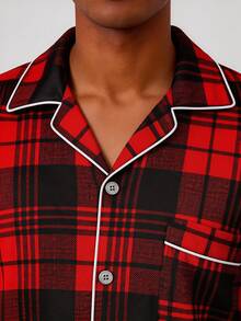 Snug League 男士睡衣套装（两件套），红色格子数码印花，柔软舒适的长袖纽扣上衣和松紧腰长裤，时尚秋冬睡衣，新年礼物 - 酒紅色 - 查看 7