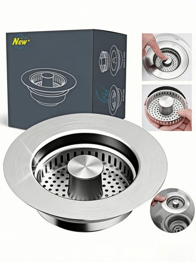 1set 304 Upgraded 3 In 1 Kitchen Sink Drain Strainer - Stainless Steel Sink Stopper, Anti-Clogging Sink Food Catcher Basket,Kitchen