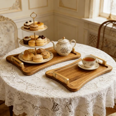 1件/套 金属把手红木托盘 - 多功能装饰木托盘，适用于水果、甜点、早餐、寿司、面包、零食和聚会 - 耐用厨房用具，带把手，适合野餐、婚礼和家庭使用，厨房配件，餐盘