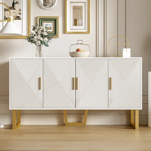 150cm Modern, Luxurious White Sideboard With High-Quality Structures And Golden Handles, 4-Turn-Design, High-Quality Regale - White - View 1