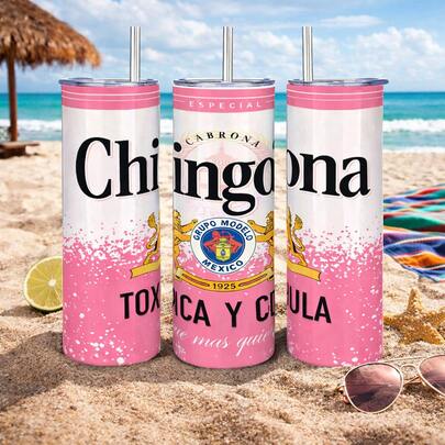 1个20盎司不锈钢Chingona粉色渐变保温杯，带盖和吸管，真空隔热旅行杯，保温12小时/保冷24小时，可重复使用，适合办公室、日常使用，送给女性朋友的可爱拉丁风礼物