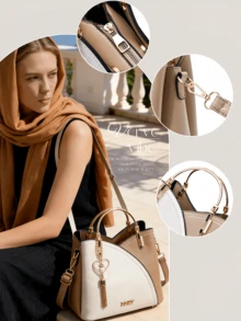 Elegant Two-Tone Color Block Shoulder Bag, Large Capacity Top Handle Satchel With Exquisite Heart Shape Metal Tassel Pendant, Women's Versatile Crossbody Bag For Daily Commute & Weekend Getaways, Ideal Valentines & Mother's Day Gift For Fashion-Loving Her Valentine's Day Wedding Valentines Valentines Gifts Mothers Day Gift Summer Art Birthday Decorations Galentines Galentines Gifts Cruise Essentials Bachelorette Party Supplies Easterr Metallic Gold Faux Leather Tote Fall - 彩色 - 查看 10