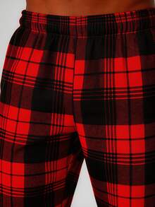 Snug League 男士睡衣套装（两件套），红色格子数码印花，柔软舒适的长袖纽扣上衣和松紧腰长裤，时尚秋冬睡衣，新年礼物 - 酒紅色 - 查看 9