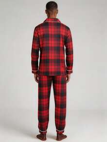 Snug League 男士睡衣套装（两件套），红色格子数码印花，柔软舒适的长袖纽扣上衣和松紧腰长裤，时尚秋冬睡衣，新年礼物 - 酒紅色 - 查看 2