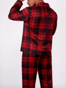 Snug League 男士睡衣套装（两件套），红色格子数码印花，柔软舒适的长袖纽扣上衣和松紧腰长裤，时尚秋冬睡衣，新年礼物 - 酒紅色 - 查看 5