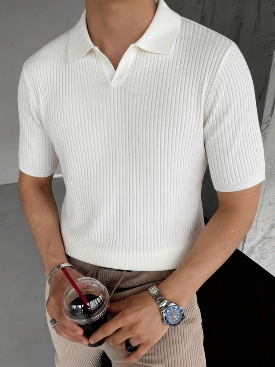 Suéter de punto de manga corta con cuello polo y cuello vuelto para hombre - Blanco - Ver 1