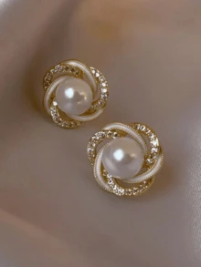 1 Pair Fashionable Minimalist Pearl Stud Earrings For Teen, Sweet & Elegant Crystal Embellished Earrings - Multicolor - View 4