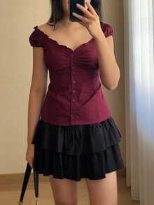 Women Button Down Lace Top Y Neck Ruffle Low Cut Cap Sleeved Babydoll Cute Shirt Slim Fit Coquette Blouse - 紅色 - 查看 2