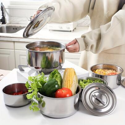 3 Pcs/Set Stainless Steel Pot, 3 Pots+3 Lids-Kitchen Seasoning Pot Set, Cooking Pot Set, 3 Pcs Durable Kitchen Pot With 3 Pcs Lid, Polished Inner Wall, Suitable For Induction Cooker, Gas Stove And Oven Size 16cm-18cm-20cm