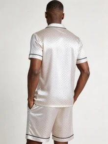Snug League 2pcs/Set Men's Polka Dot Casual Sleepwear, Short Sleeve Top & Shorts, White Silk Pajama Set, Summer & Spring - White - View 2