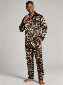 Snug League Men's Long Sleeve Top & Long Pants Pajama Set, Satin Button Robe & Leopard Print Loungewear 2-Piece, Winter Clothes - Yellow - View 3