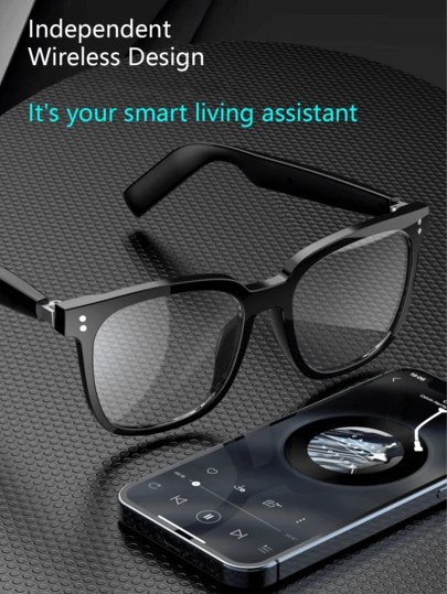 Kính thông minh không dây Bluetooth unisex tích hợp micro và loa, thích hợp để nghe nhạc, trả lời và từ chối cuộc gọi, chụp ảnh từ xa và kích hoạt trợ lý giọng nói. Áp dụng cho văn phòng, hoạt động ngoài trời, thể thao và lái xe. Được trang bị pin 80mAh*2, tích hợp tai nghe và kính.