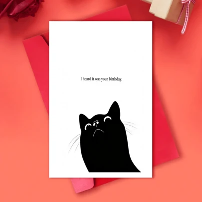 1 pieza Tarjeta de cumpleaños divertida, diseño de gato negro, "Escuché que es tu cumpleaños" con un sentido del diseño de alta calidad