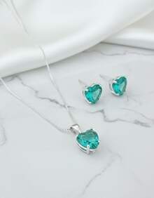 Green Tourmaline Necklace With Pendant And Women's Earring Point Of Light Heart 925 Silver - Bạc - Xem 8