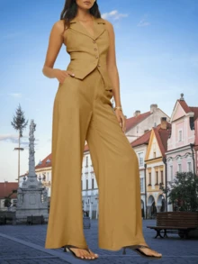 Womens Vest Sets Summer 2 Piece Outfits Button Work Crop Blazer Vest And Wide Leg Pant Suits - Khaki - View 3