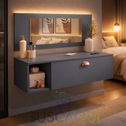 Penteadeira Camarim MakeUp Joy Suspensa Com Espelho Decorativo Gaveta Com Divisória e Puxador Concha