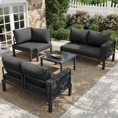 Garden Furniture Set (4-5 People) Containing A Tempered Glass Coffee Table, A Galvanized Iron Frame, Comfortable Garden Furniture, Grey Cushions And Pillows, And Height-Adjustable Table Legs.