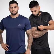 Kit Of 2 Men's Dry Fit T-Shirts For Gym, Training, Fitness, Sports, Running, Lightweight, Breathable, Comfortable, High Performance - Xanh hải quân + Đen - Xem 9