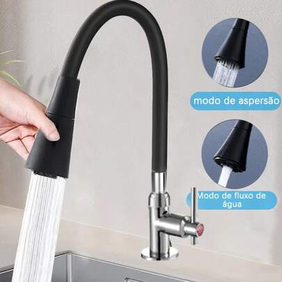 Torneira Preta Gourmet  Flexível Cozinha Parede/Bancada Acabamento Cromado Premium