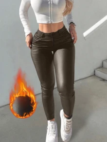 Apperloth A Quần skinny ống côn cạp cao co giãn cài nút phía trước bằng da PU giữ ấm hiệu Rave Vintage, thích hợp mặc hàng ngày. - Cà phê nâu - Xem 2
