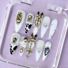 NailChic 10 PCS Handmade Stiletto Press-On Nails | Pure Ethereal Luxury Milky White Acrylic Nails, 3D Virgin Mary & Cross Embellished Marble Pattern - 彩色 - 查看 8