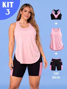 Kit Of 3: Women's Fitness Set - Top, Shorts, Pocket Tank Top, Dry Fit, Gym - Tarelles - 淺粉色 - 查看 9