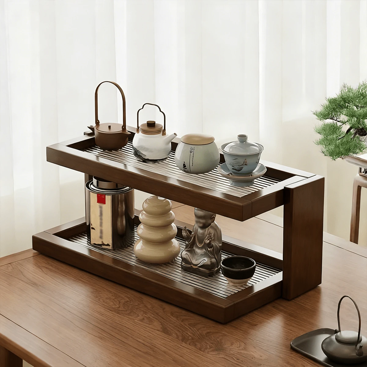 1pc Coffee Cup Rack Coffee Station Bar Storage 2-Tier Cup Rack Dressing Table Cosmetic Organizer - Brown - View 1