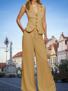 Womens Vest Sets Summer 2 Piece Outfits Button Work Crop Blazer Vest And Wide Leg Pant Suits - Khaki - View 1
