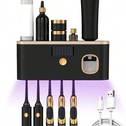 1 pieza Esterilizador de cepillo de dientes inteligente con dispensador de pasta de dientes, soporte de cepillo de dientes montado en la pared, todo en uno estante y esterilizador de cepillo de dientes, organizador de almacenamiento de 5 ranuras para cepillo de dientes, accesorio de baño, decoración del hogar, esencial de vuelta a la escuela