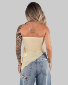 Women's Basic Translucent Tropical Floral Cropped Tube Top With Transparent Tulle, Strapless, Summer Style, Lining, Aitona - Màu vàng vani - Xem 2