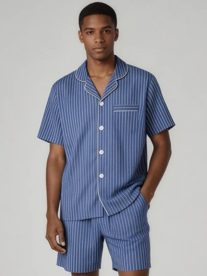 2 件男士条纹印花短袖上衣和短裤睡衣套装，夏季睡衣，清凉浅蓝色