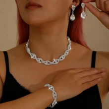 3pcs Luxury Water Drop Jewelry Set | Rhinestone Copper Alloy Necklace & Bracelet | Wedding Party Gift - White - View 6