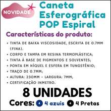 Kit 8 Canetas Esferográficas Pop Espiral 0.7mm – 4 Azuis + 4 Pretas | Cis Spiro Stabilo JOcar - 4 PRETAS + 4 AZUIS - Visão 2