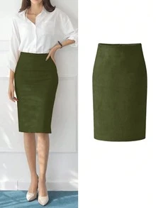 Falda versátil con abertura trasera de terciopelo de piel de ciervo elegante para uso diario, sin elasticidad - Verde militar - Ver 2